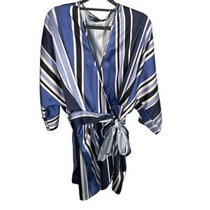 New Zara Striped Blue Romper Jumpsuit Tie Belt Womens Large Sexy Fun Date Night‎